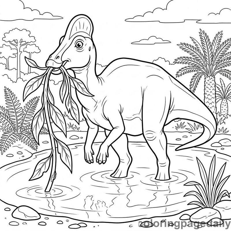 Corythosaurus Eating Aquatic Plants - Daily printable coloring page in Dinosaur category