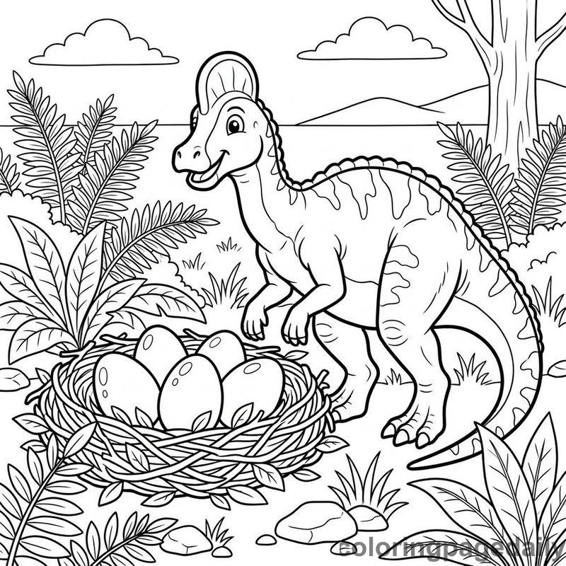 Corythosaurus Guarding Nest - Colored reference example