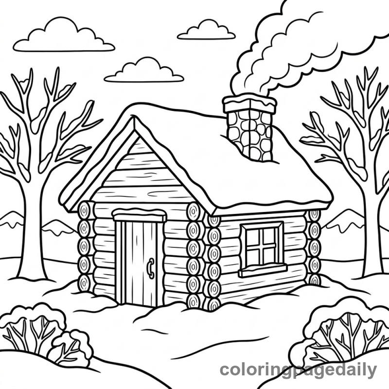 Cozy Snowy Cabin - Daily printable coloring page in Winter and Snow Season category