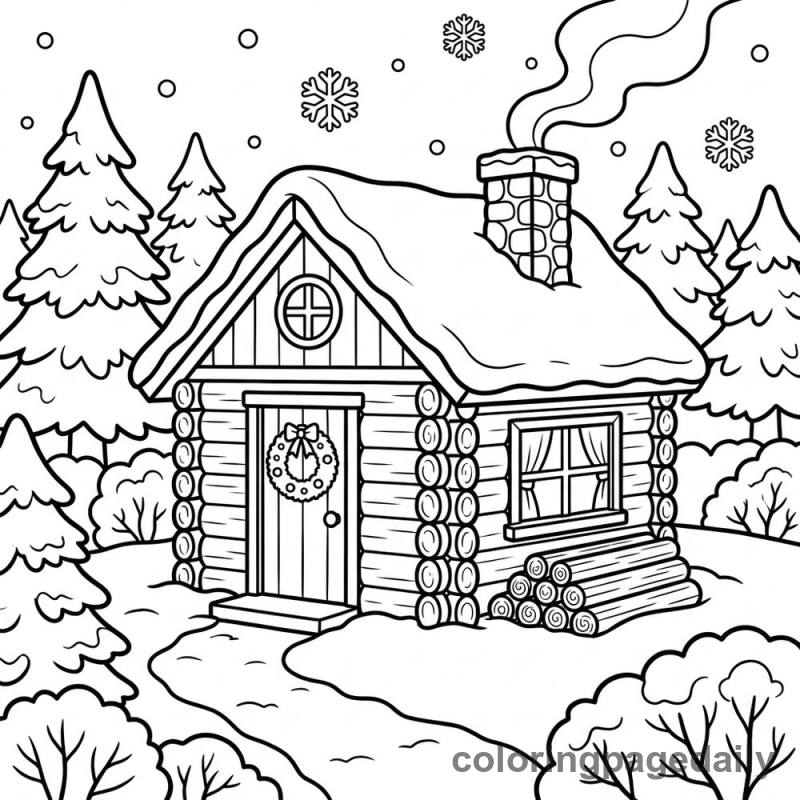 Cozy Winter Log Cabin - Daily printable coloring page in Winter and Snow Season category