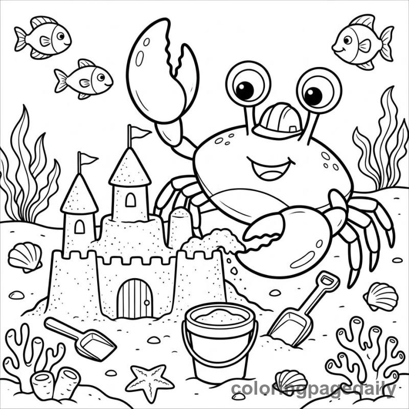 Crab Building a Sandcastle - Daily printable coloring page in Ocean and Underwater Life category
