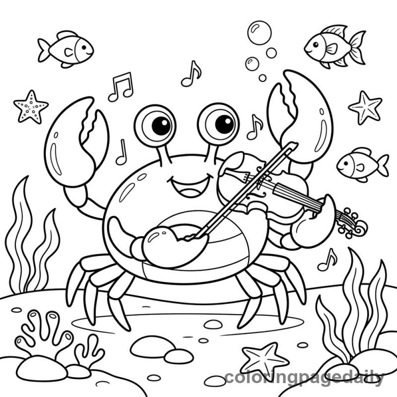 Crab Playing Violin - Daily printable coloring page in Ocean and Underwater Life category
