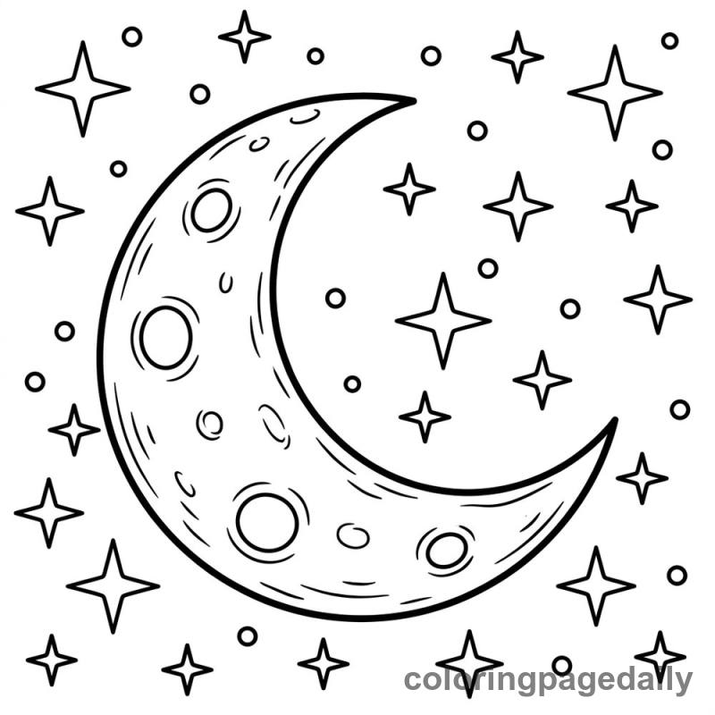 Crescent Moon and Stars - Daily printable coloring page in Space category