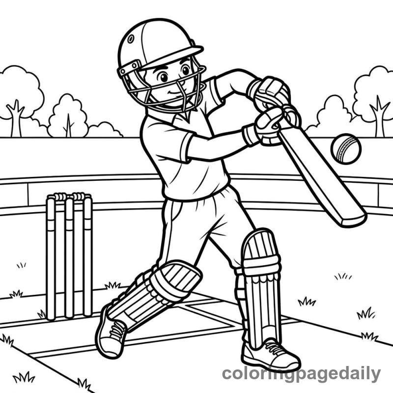 Cricket Batsman Swinging - Daily printable coloring page in Sports category