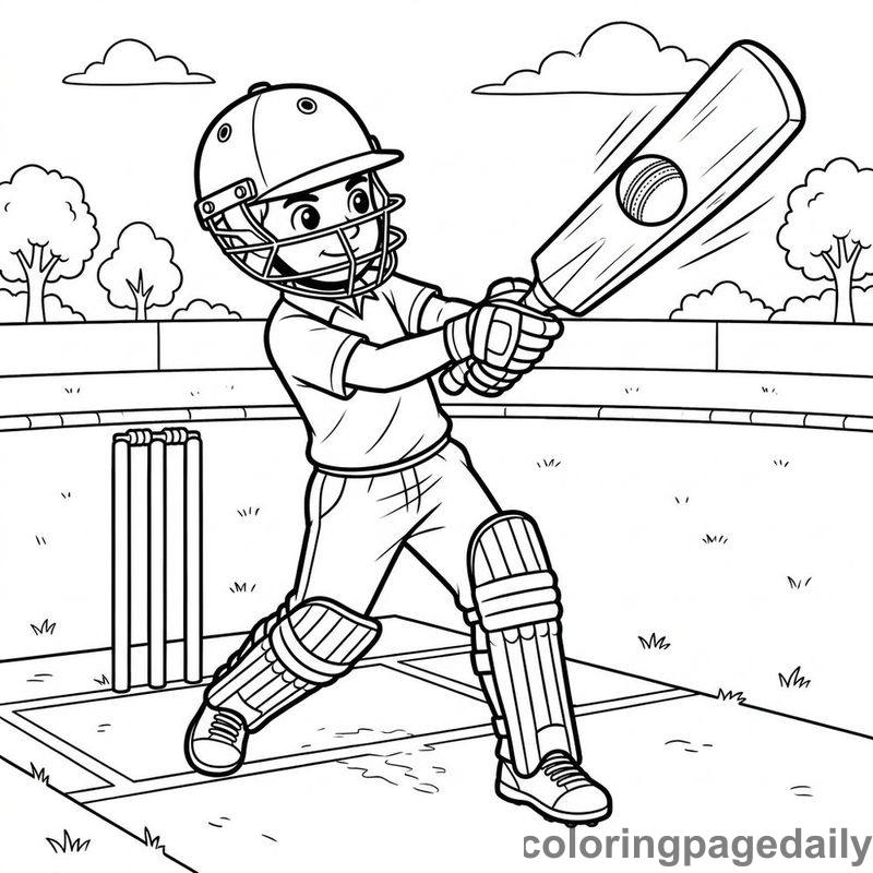 Cricket Batter Swinging - Daily printable coloring page in Sports category