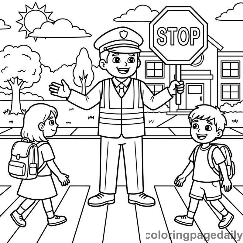 Crossing Guard Directing Students - Daily printable coloring page in Professions category