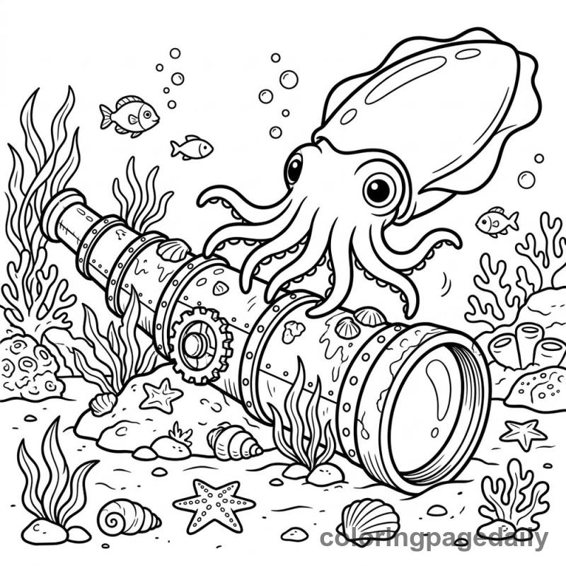 Cuttlefish Exploring Antique Telescope - Colored reference example
