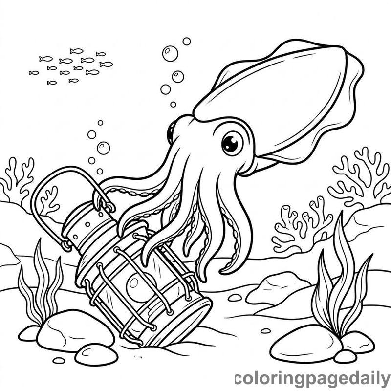 Cuttlefish Exploring Sunken Lantern - Daily printable coloring page in Ocean and Underwater Life category