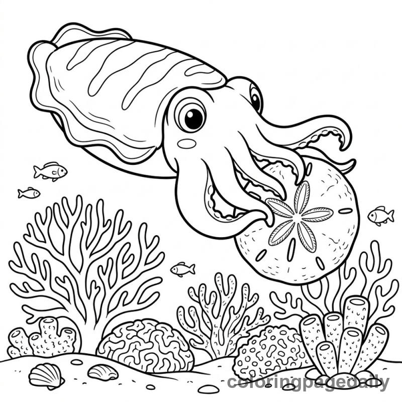 Cuttlefish Holding Sand Dollar - Daily printable coloring page in Ocean and Underwater Life category