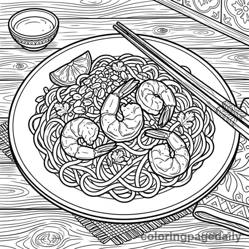 Delicious Pad Thai Noodles - Daily printable coloring page in Food category