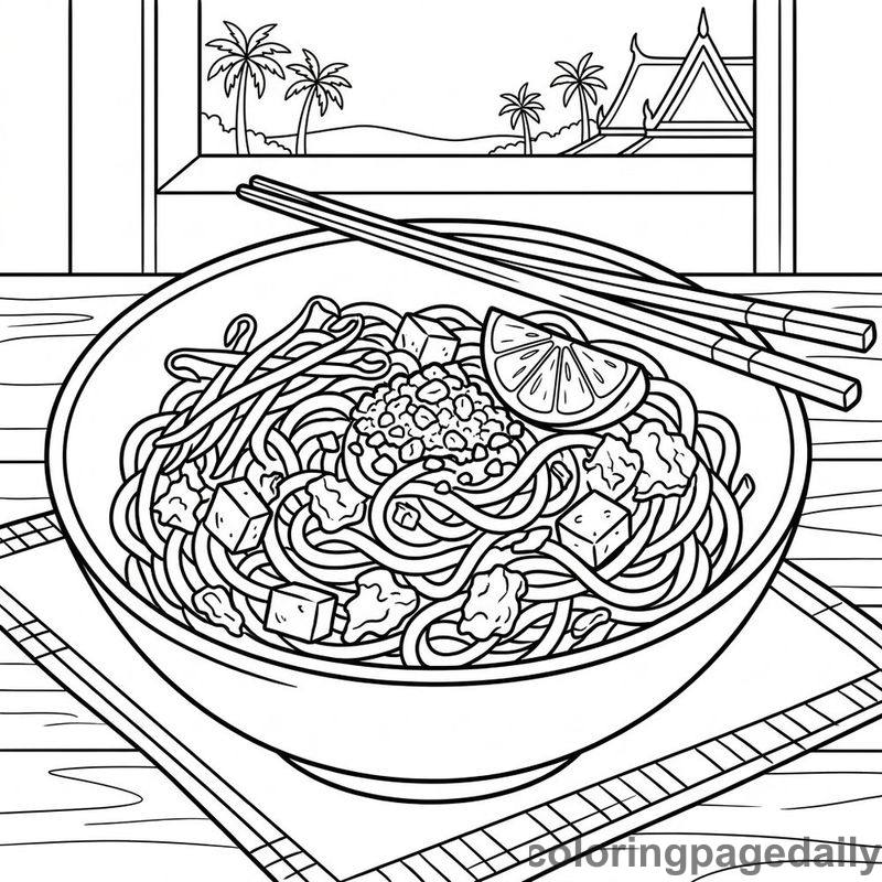 Delicious Pad Thai Noodles - Daily printable coloring page in Food category
