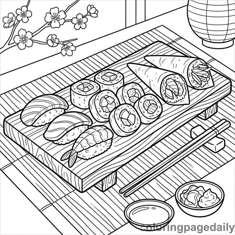 Delicious Sushi Platter - Daily printable coloring page in Food category