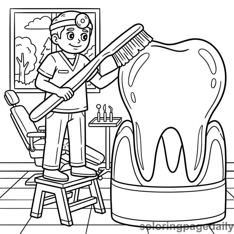 Dentist Brushing Giant Tooth - Daily printable coloring page in Professions category