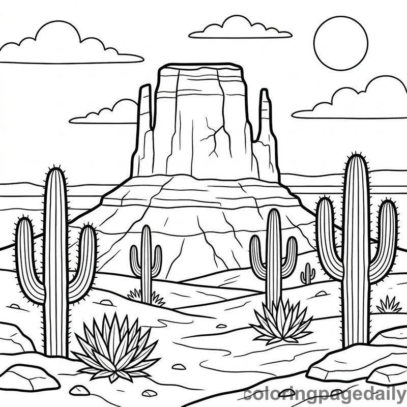 Desert Mesa And Saguaro Cacti - Daily printable coloring page in Scenery category