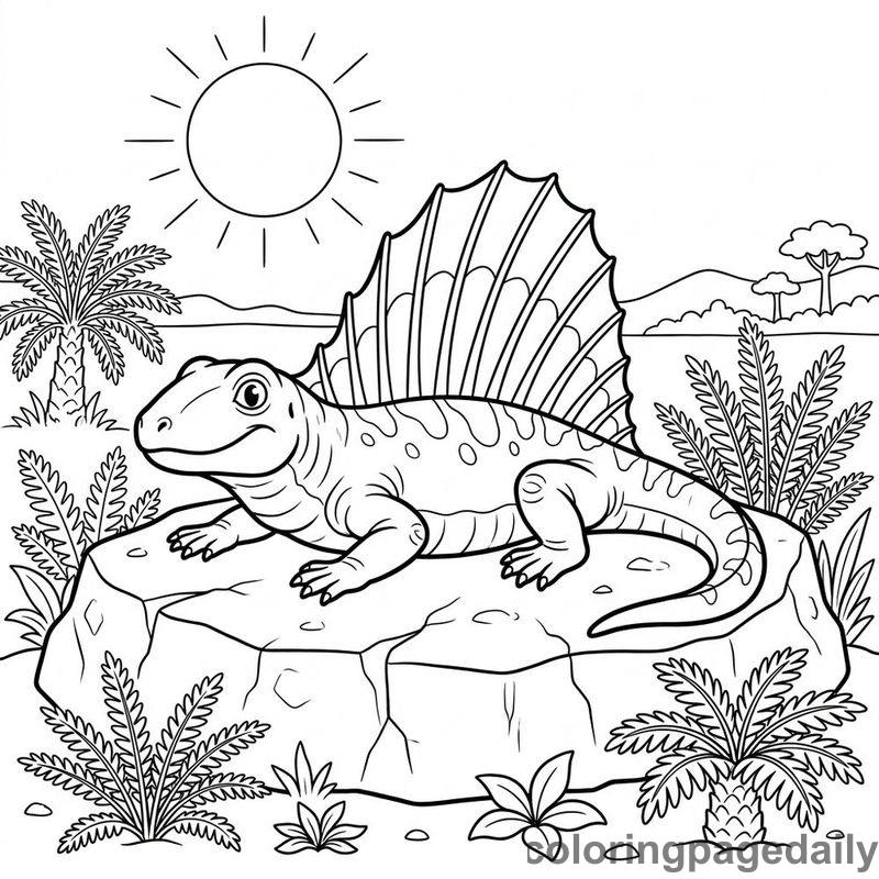 Dimetrodon Sunbathing - Daily printable coloring page in Dinosaur category