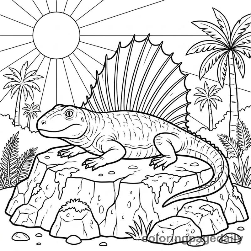 Dimetrodon Sunbathing Rock - Daily printable coloring page in Dinosaur category