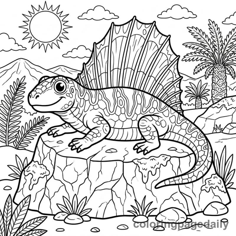 Dimetrodon Sunning Itself - Daily printable coloring page in Dinosaur category