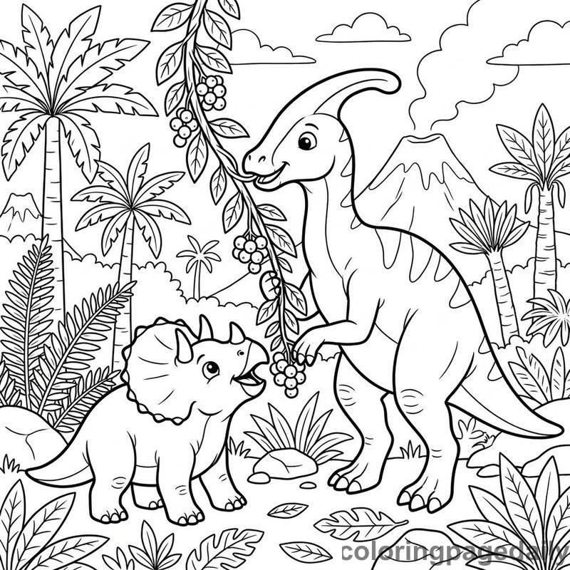 Dinosaurs Sharing Jungle Berries - Daily printable coloring page in Dinosaur category