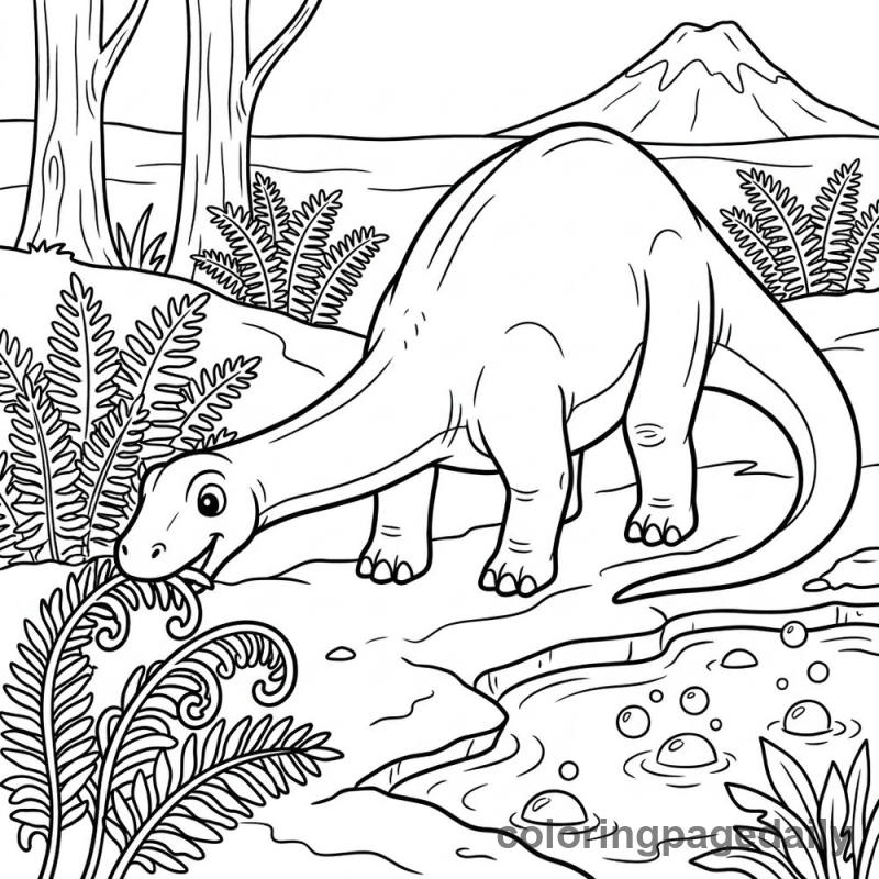 Diplodocus Eating Prehistoric Ferns - Daily printable coloring page in Dinosaur category
