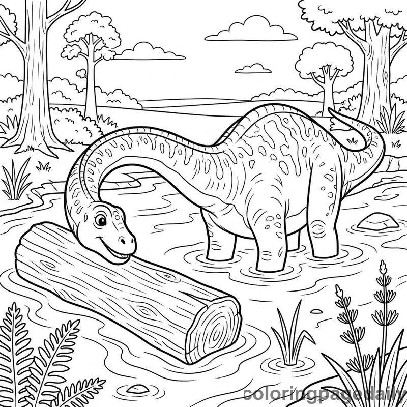 Diplodocus Nudging A Log - Daily printable coloring page in Dinosaur category