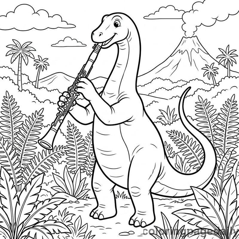 Diplodocus Playing Clarinet - Daily printable coloring page in Dinosaur category