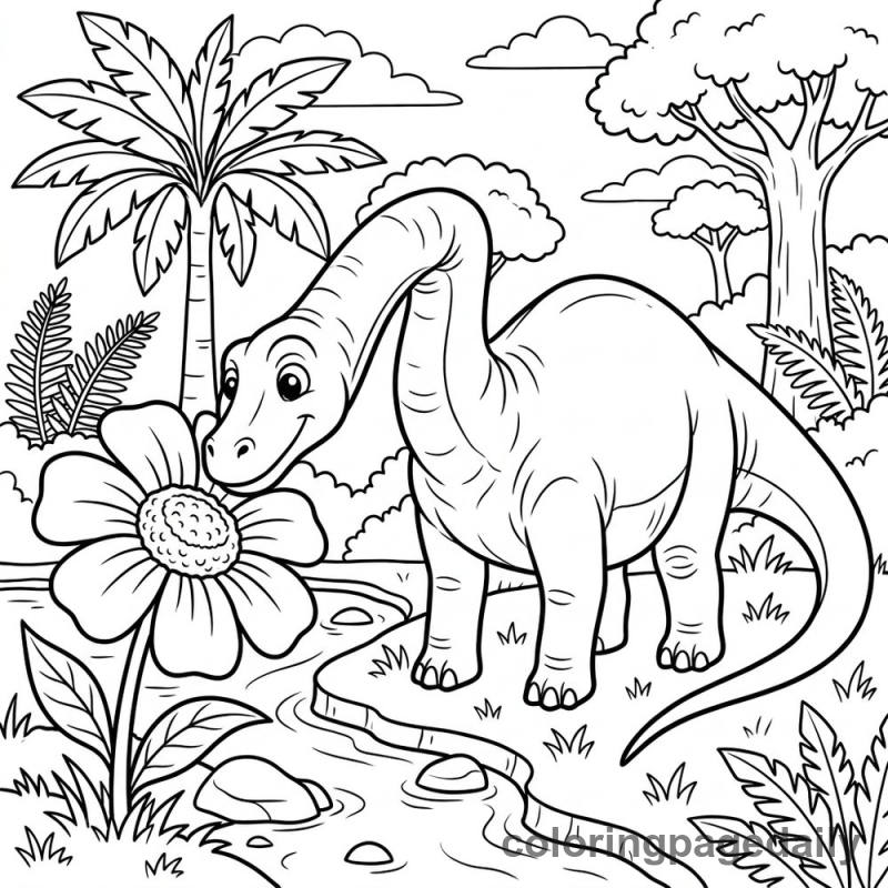 Diplodocus Sniffing Prehistoric Flower - Daily printable coloring page in Dinosaur category