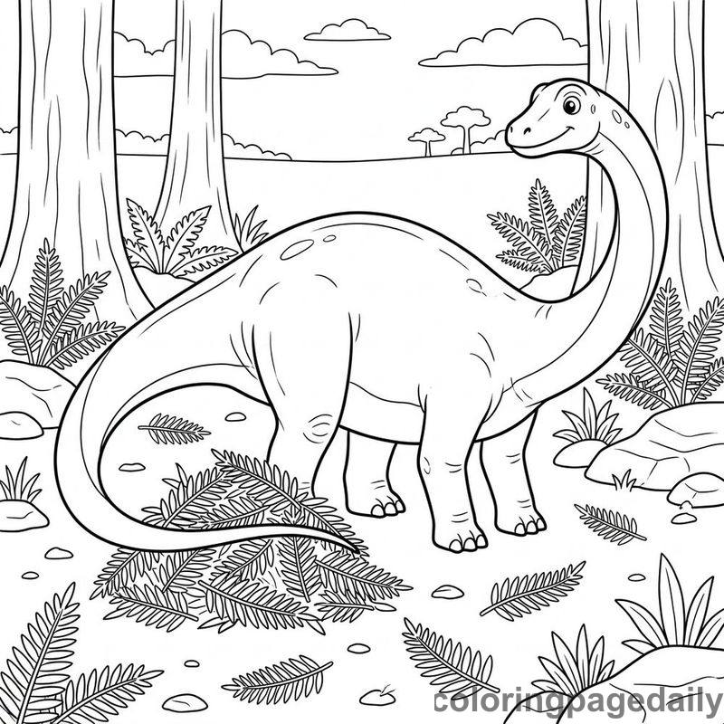 Diplodocus Sweeping Fern Leaves - Daily printable coloring page in Dinosaur category
