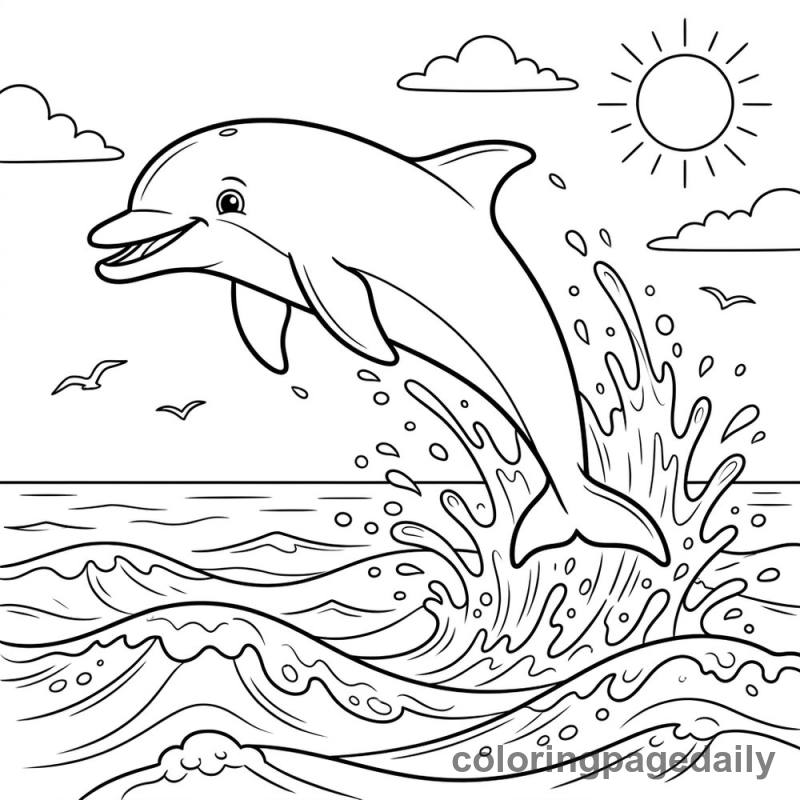 Dolphin Leaping From Water - Daily printable coloring page in Ocean and Underwater Life category