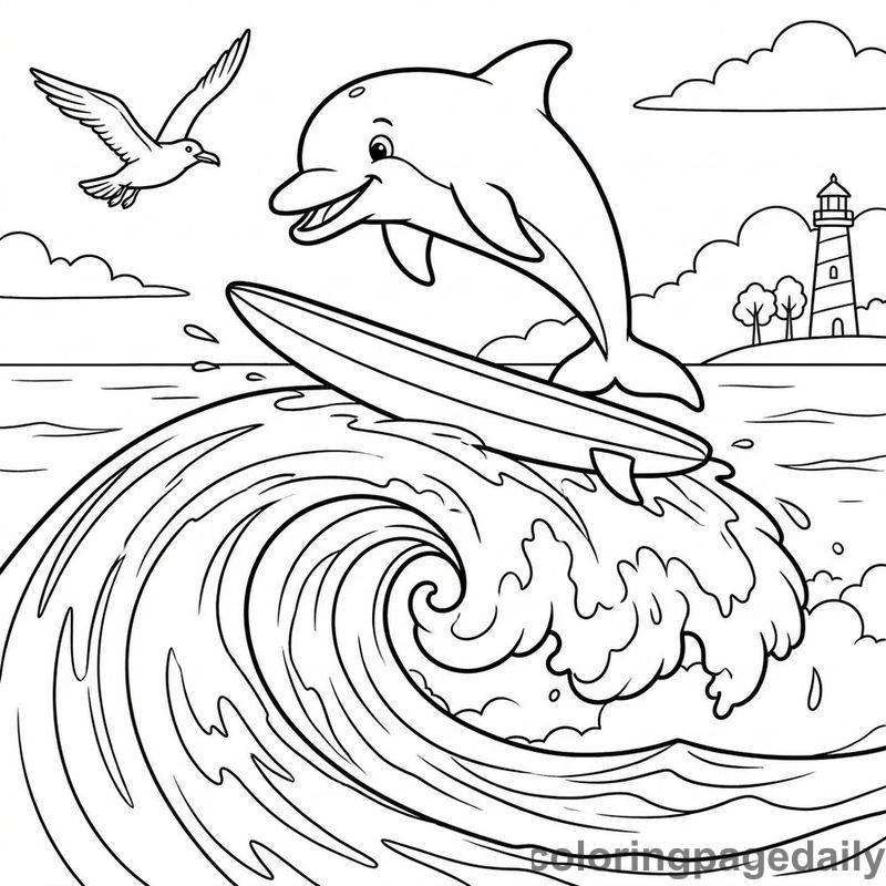 Dolphin Surfing Ocean Wave - Daily printable coloring page in Ocean and Underwater Life category