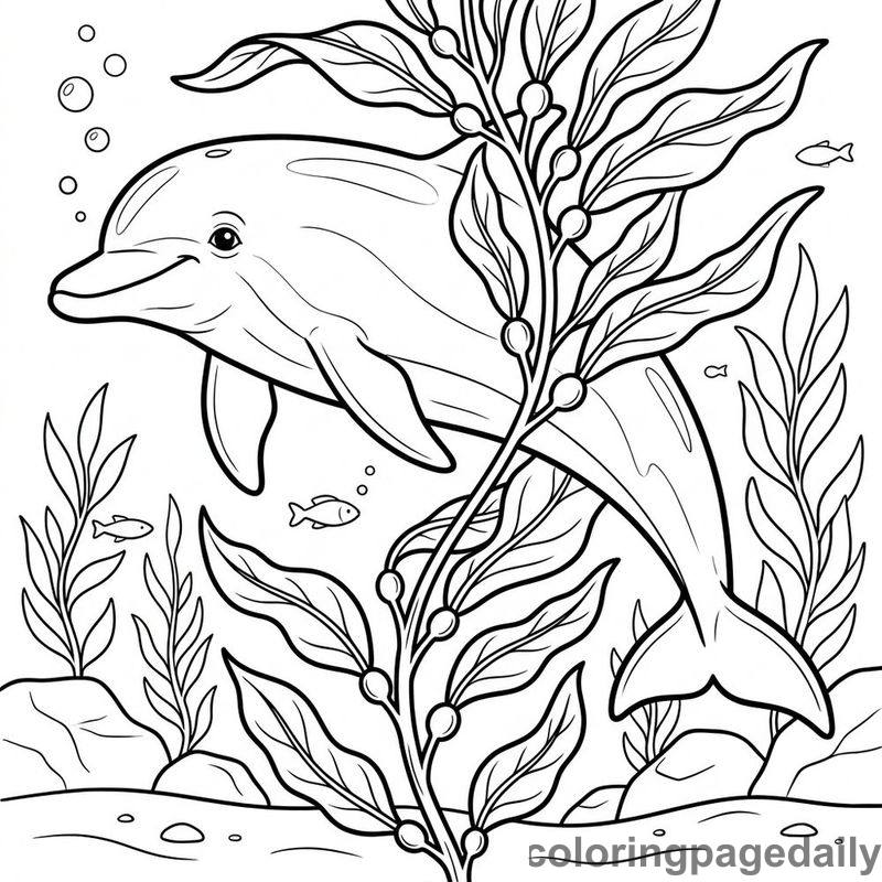 Dolphin Swimming Around Kelp - Daily printable coloring page in Ocean and Underwater Life category