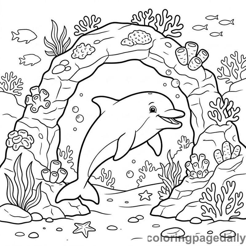 Dolphin Swimming Through Rock Archway - Colored reference example