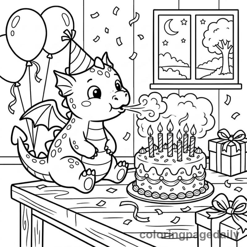 Dragon Birthday Party - Daily printable coloring page in Mythical Creature category