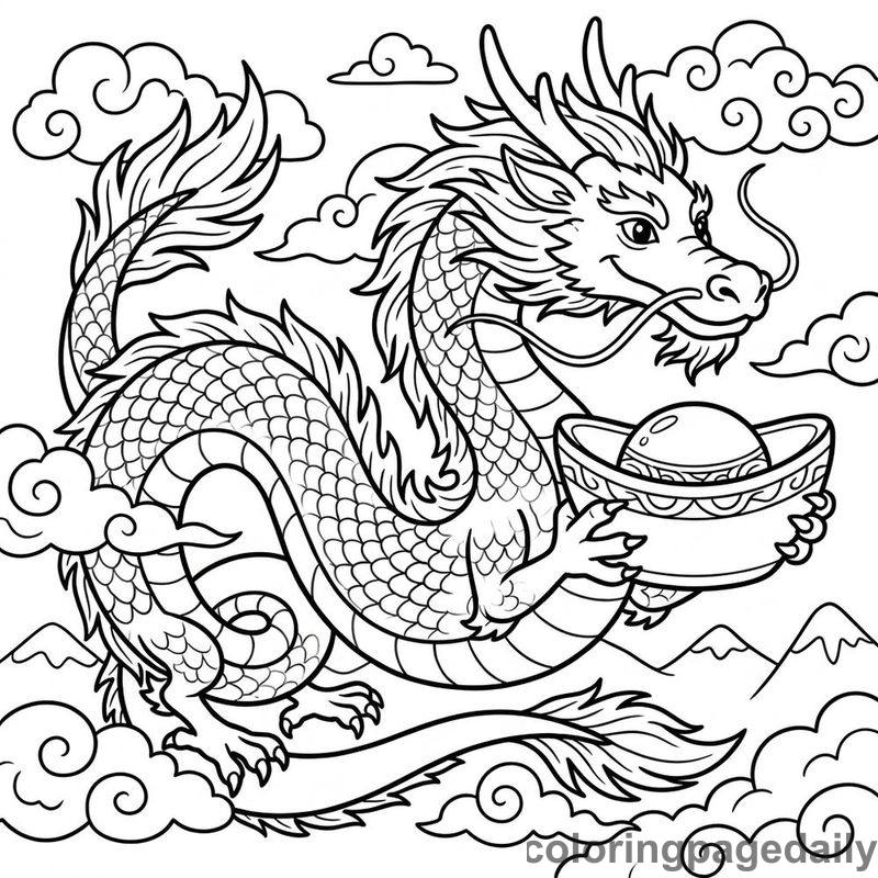 Dragon With Gold Ingot - Daily printable coloring page in Chinese New Year category