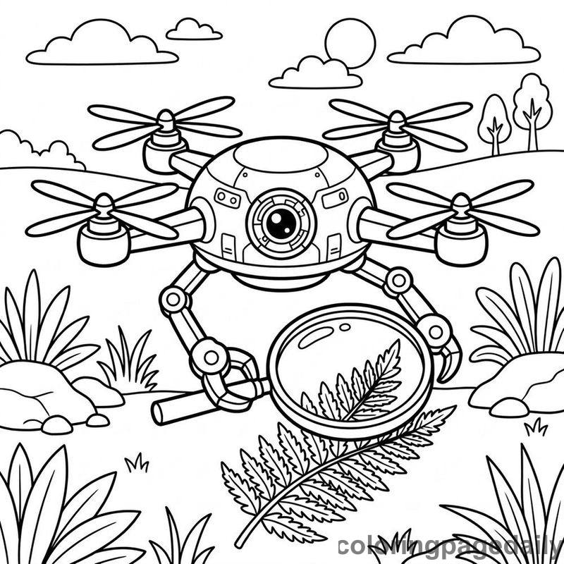 Drone Robot Examining Leaf - Daily printable coloring page in Robots and STEM category