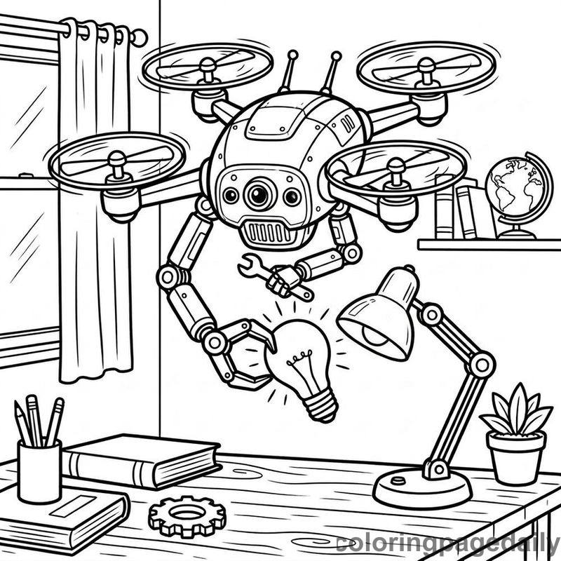 Drone Robot Replacing Lightbulb - Colored reference example