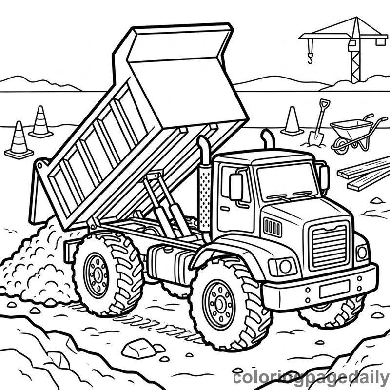Dump Truck Unloading - Daily printable coloring page in Vehicle category
