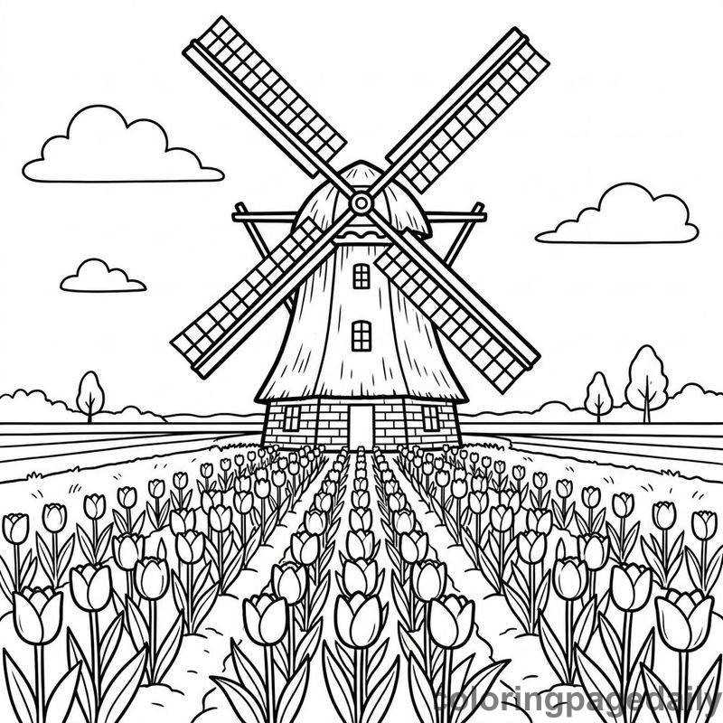Dutch Windmill In Tulip Field - Colored reference example