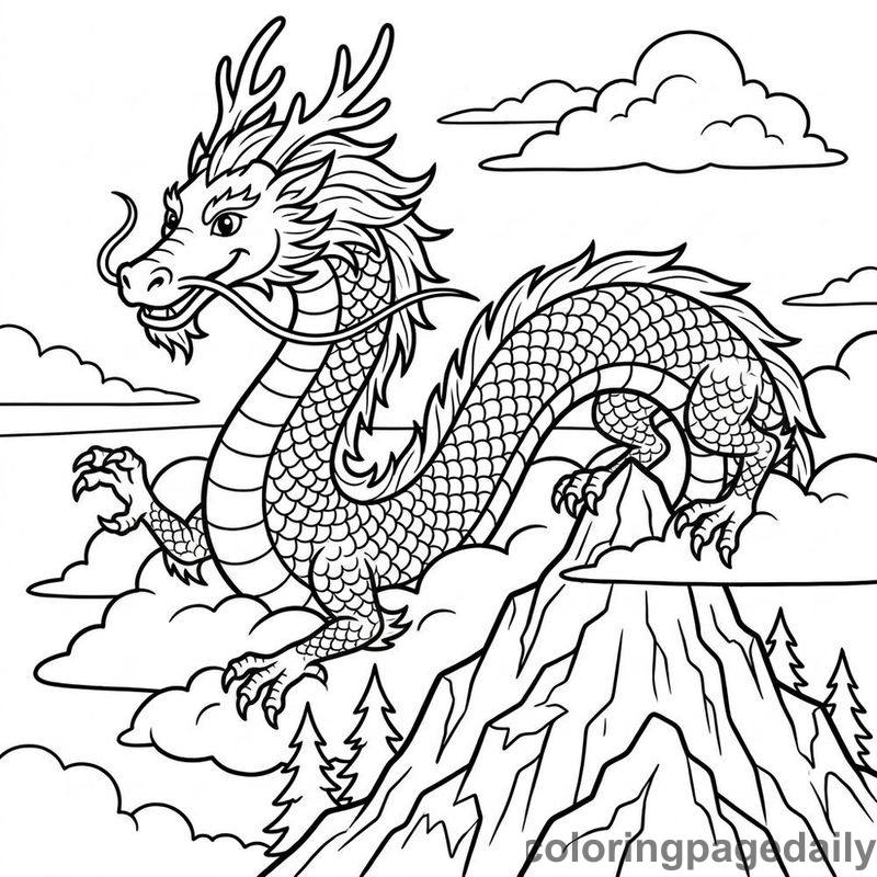 Eastern Dragon Weaving Through Clouds - Daily printable coloring page in Mythical Creature category