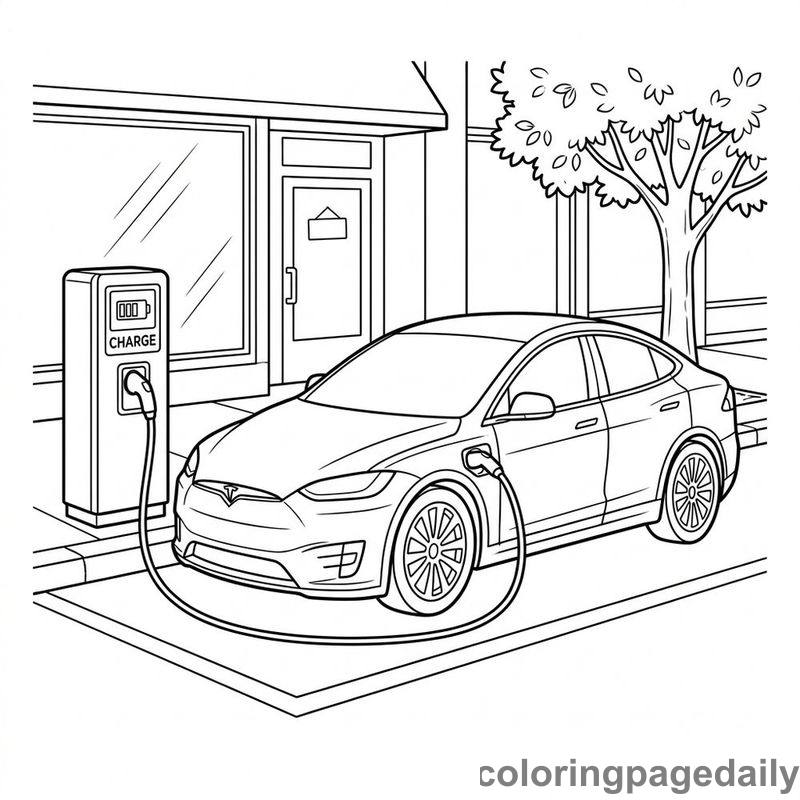 Electric Car Charging - Daily printable coloring page in Vehicle category
