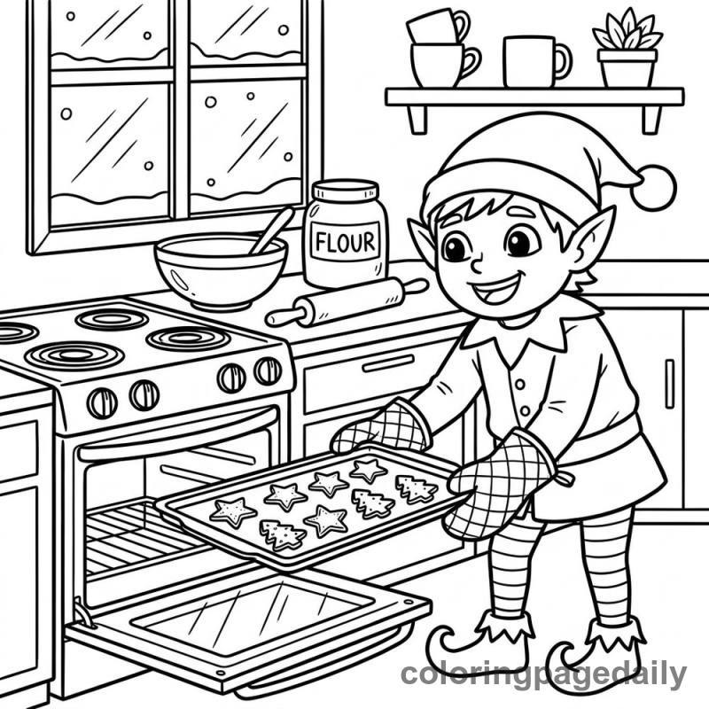 Elf Baking Cookies - Daily printable coloring page in Christmas category