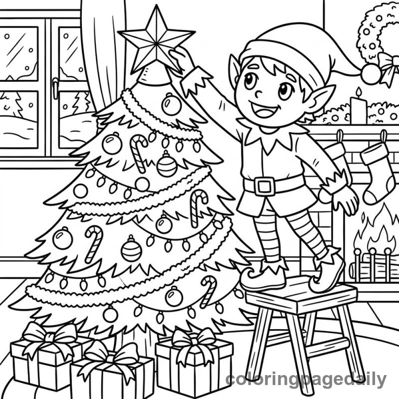 Elf Decorating Christmas Tree - Daily printable coloring page in Christmas category