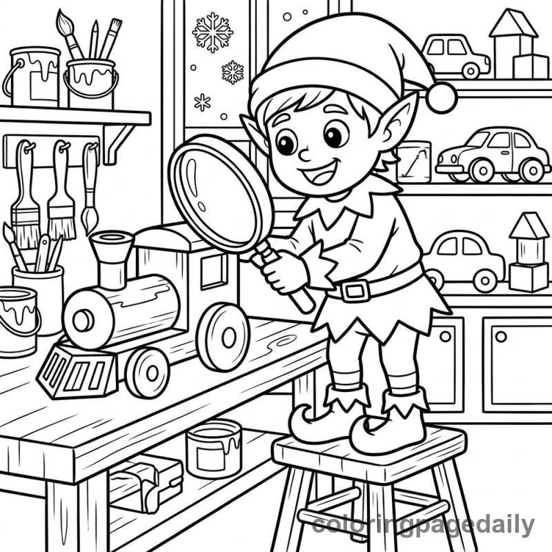 Elf Inspecting a Toy Train - Colored reference example