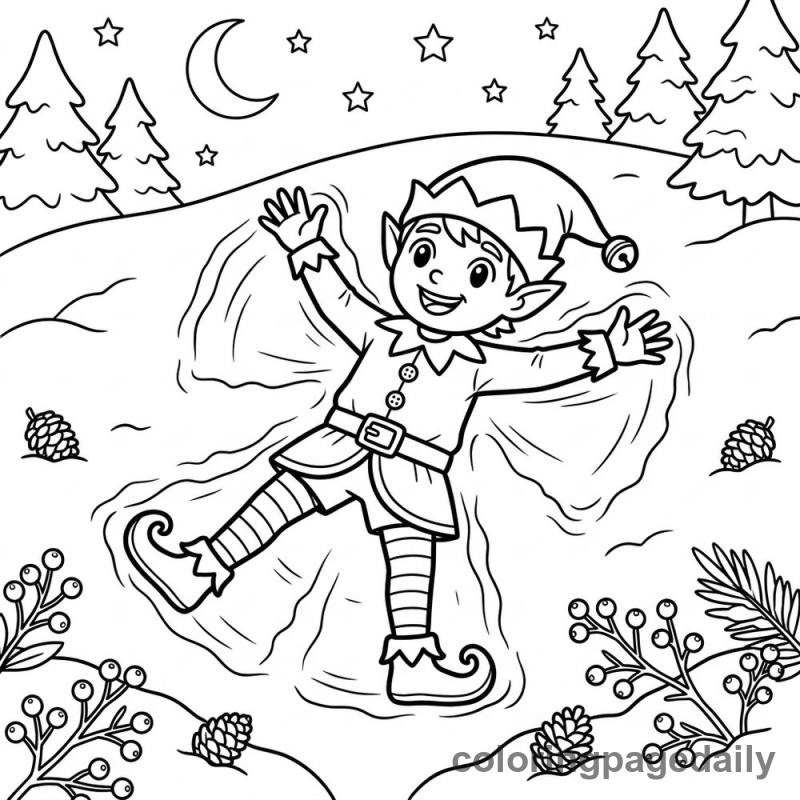 Elf Making Snow Angel - Daily printable coloring page in Christmas category