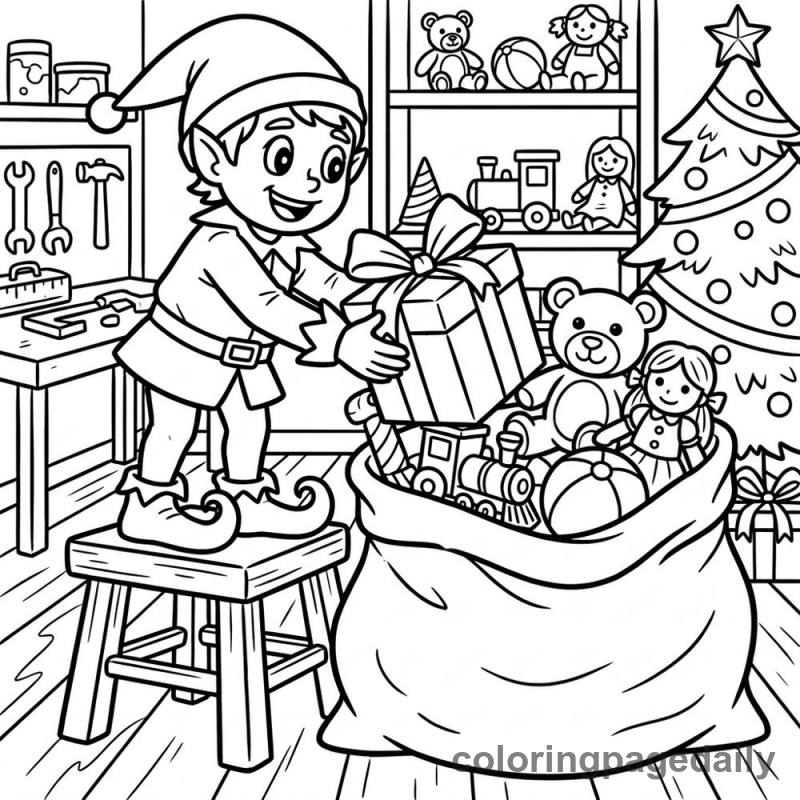 Elf Packing Santa's Sack - Daily printable coloring page in Christmas category