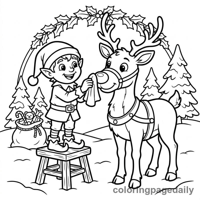 Elf Polishing Rudolph's Nose - Daily printable coloring page in Christmas category