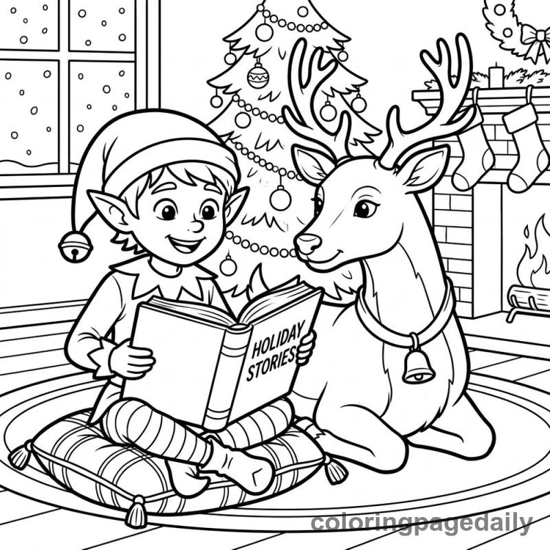 Elf Reading to Reindeer - Colored reference example