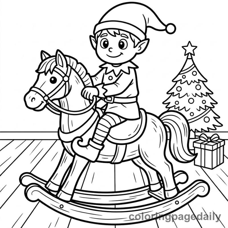 Elf Riding Rocking Horse - Daily printable coloring page in Christmas category