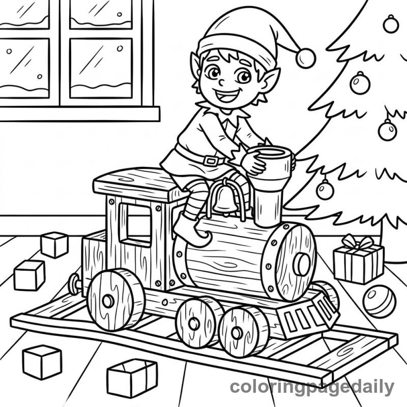 Elf Riding Toy Train - Colored reference example