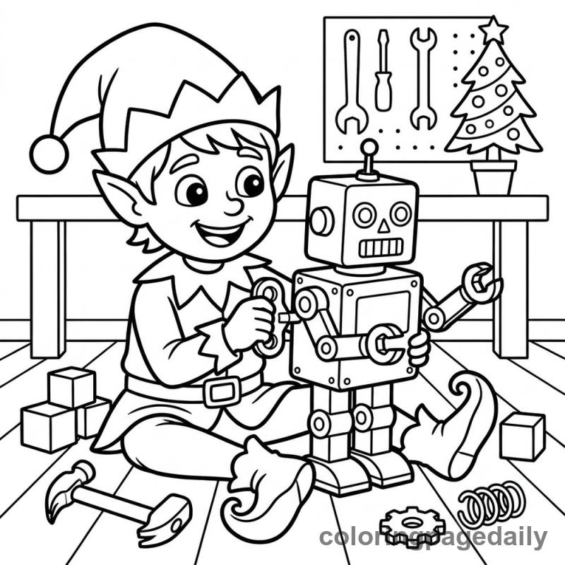 Elf Winding Up a Toy Robot - Colored reference example