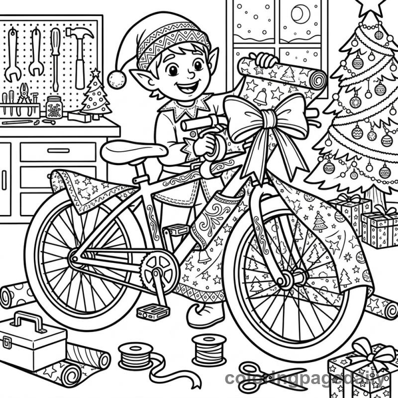 Elf Wraps a Big Bicycle - Colored reference example